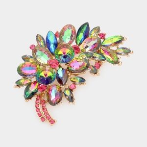 Vitrail Leaf 3" Brooch Glass Crystal Pin Floral Style